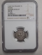 Szeląg bez daty NGC AU58 RZADKI FAŁSZ. Z EPOKI