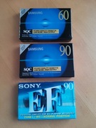 3 kasety magnetofonowe Sony EF90, Samsung SQC-90 i SQC-60