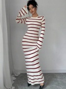 KREMOWO CZERWONA PLECIONA SUKIENKA MAXI Z DŁUGIM RĘKAWEM PASKI