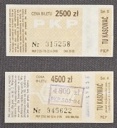 Gdańsk PRL, 2 x bilet PKP, 2500zł i 4500zł przestemplowane 4800zł