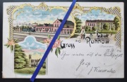 RUNOWO (RUHNOW) 1900 Łobez Węgorzyno dworzec pałac loża Litografia