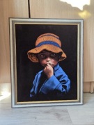 Stary sygnowany obraz na aksamicie "Dziecko" vintage lata 60