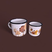 Emaliowane garnuszki kubki PRL,jesienne liście, drzewa,zestaw 2szt 0.5,0.25