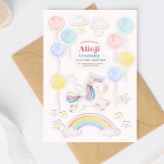 Zaproszenie urodzinowe dla dzieci ZESTAW kreatywny naklejki jednorożec