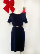 Wełniana sukienka M granatowa zimowa damska midi dopasowana elegancka