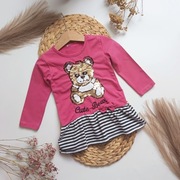 Sukienka różowa z misiem i cekinami w paski z falbanką 92 98 długi rękaw mi