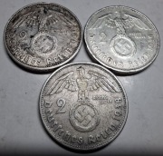 Monety srebrne Niemcy 2 marki Hindenburg 1938 B 1939 A 3szt
