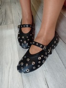 (40/41) Czarne, zdobione dżetami baleriny wieczorowe z zapięciem, NOWE 