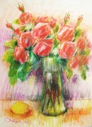 KWIATY RÓŻE w WAZONIE pastel olej 44x33