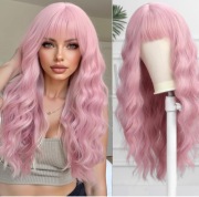 Peruka długa falowana róż pastel z grzywką naturalna 60 cm