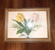 Mały obrazek z tulipanami w ozdobnej ramce PRL