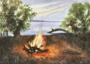 Wieczorne ognisko nad rzeką. 30x42cm ręcznie malowana