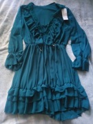 Morska turkusowa sukienka Brizsha z falbanami i koronką  SM