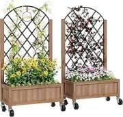 Zestaw 2 Skrzyń Ogrodowych z Kółkami i Kratką na Pnącza
