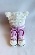Komplet niemowlęcy handmade buciki 10 cm+czapka z uszkami 38cm różowo-biały
