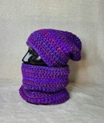 Komplet komin i czapka fioletowe kolorowe handmade