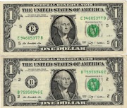 ONE DOLLAR USA, dwa banknoty z obiegu 2009 r. seria E i B