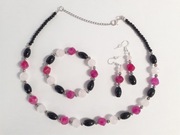 ONYKS CHALCEDON RÓŻOWY KWARC - komplet biżuterii z kamieni naszyjnik i ...