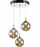 Lampa wisząca 3 klosze bursztyn kryształy K9 LED G4 chrom retro