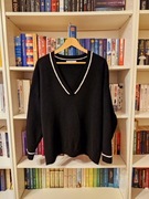Mango czarny sweter M oversize V-neck biały lamówka