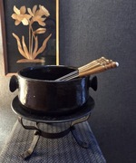 Vintage zestaw do fondue, ceramiczny garnek