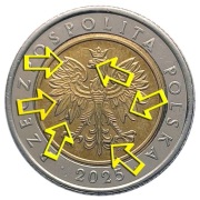 5 ZŁOTYCH 2025 MONETA >>> DESTRUKT >>> NADLEWKI NA AWERSIE