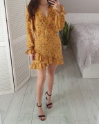 Bik bok żółta kopertowa sukienka w kwiaty z długim rękawem S 36