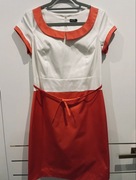 Sukienka biała z koralowym elegancka M/L