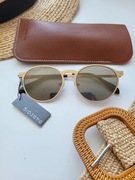 Okrągłe okulary przeciwsłoneczne PARFOIS złote etui + chusteczka 