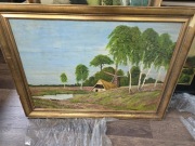 Obraz olejny J Graber pejzaż z wiatrakiem i wrzosowiskiem rama 97x72 cm