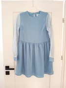 Eleganka niebieska rozkloszowana sukienka prosta z długim rękawem 40 L