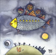 Grafika autorska Kot z Rybą 20x20 cm 