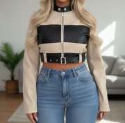 Krótsza kurtka eko skóra beżowo czarna xs