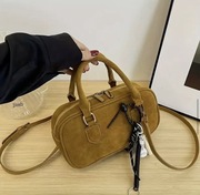 Stylowa Mini Torebka Kuferek - Musztardowa/Brązowa Eko Zamsz