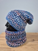 Komplet Czapka i komin niebieski kolorowy szydełko