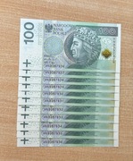 Banknoty 100 zł kolejne numery seryjne 11 sztuk