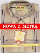 Koszula męska beżowa w kratkę na krótki rękaw kołnierzyk 40/41