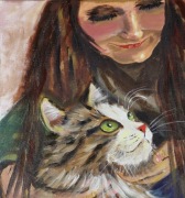 "Czułość" Obraz olejny 40x50, ręcznie malowany Dziewczyna z kotem