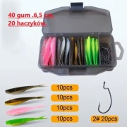 Przynęty sztuczne gumy. 40 szt+20 haków+ pudełko. komplet. jaskółczy ogon.