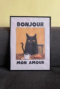 Plakat z kotem kotek śmieszny prezent dekoracja bonjour mon amour