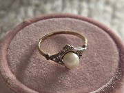 ArtDeco złoty pierścionek, antyk , perła diamenty