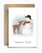 Kartka świąteczna bożonarodzeniowa - Sarna i bałwan