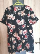 Elegancka granatowa tunika bluzka na krótki rękaw w kwiaty rozmiar M