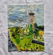 Obraz, gniazdo bocianów na słupie, wiosna, olej na panelu od artysty