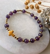 Bransoletka różaniec kamienie ametyst hematyt krzyż prezent pamiątka