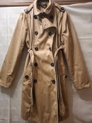 Długi klasyczny PŁASZCZ TRENCZ damski prochowiec podszewka beżowy L/XL