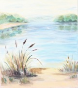 Obraz ręcznie malowany  pejzaż jeziora z trzcinami 50x60 cm akryl + olej