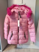Kurtka dziewczęca różowa ocieplana+kaptur z (misiem) wzrost 140