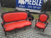 Komplet Rzeźbiony 3+1+2 krzesła , Neorenesansowy ; Całkowicie NOWA SKÓRA 