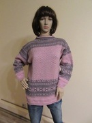 BASSET damski sweter vintage różowy we wzorek 100% wełna _ M